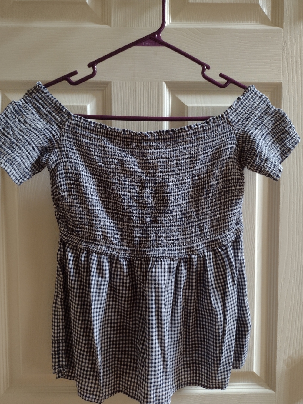 Old Navy Black & White Gingham Off-Shoulder Top
